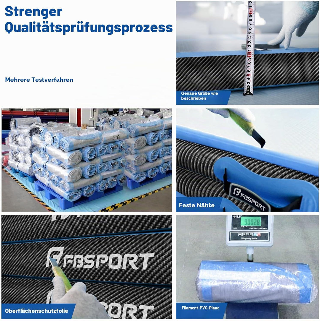 FBSPORT 10/20 cm Höhe, Trainingsmatte, Länge 1/2/3/4/5/6 m, Gymnastikmatte mit Pumpe für den Hausgeb