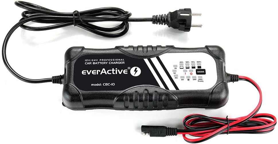 everActive KFZ Motorrad Ladegerät, 12V 24V, Spannung 10A, vollautomatisch, schnell, LED-Anzeige, Mik
