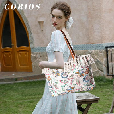 CORIOS Damen Canvas Handtasche Ethnischer Stil Schultertasche Böhmische Tote Beutel Sommer Strand Ta