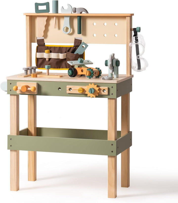 ROBOTIME Kinder Holz Werkzeugbank - Multifunktions-Werkbank Set mit Werkzeuggürtel, Hammer, Schraube