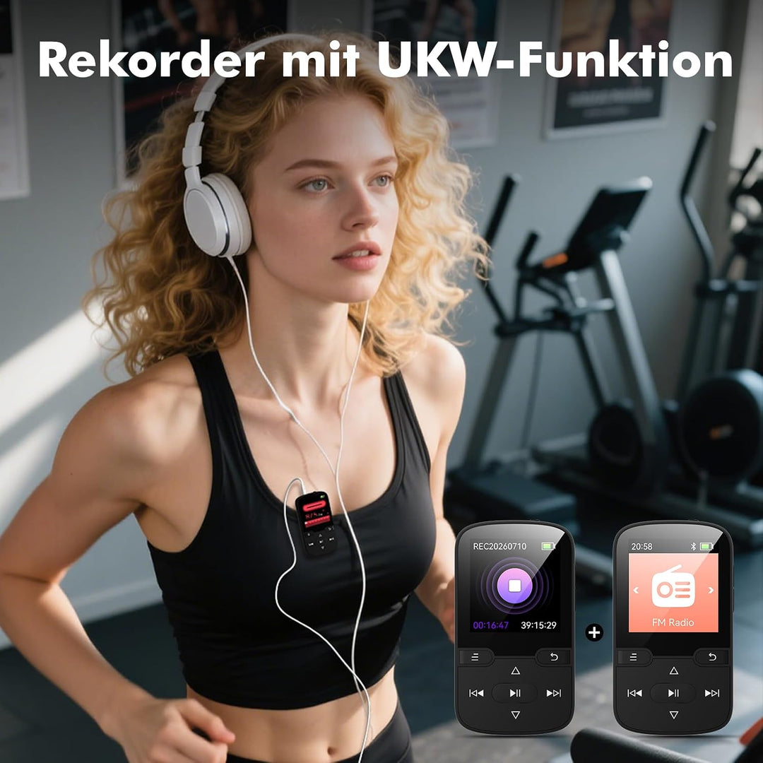 64 GB MP3 Player Bluetooth 5.3 mit Clip Kinder Tragbarer HiFi-Sport-Musikplayer (28g), FM-Radio, Sch