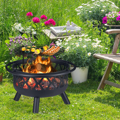 Relaxdays Feuerschale mit Grillrost, Funkenschutz & Schürhaken, Ø 75 cm, Stahl, Feuerstelle Garten &