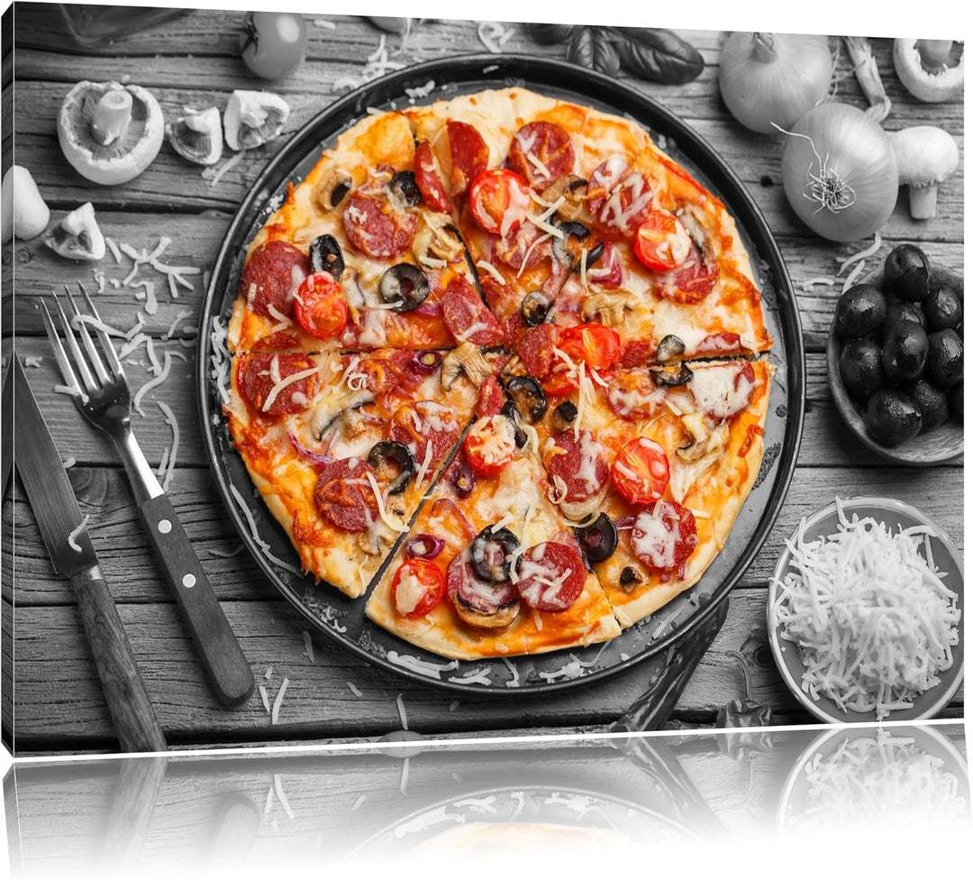 köstliche Pizza auf Pizzablech schwarz/weiss Format: 100x70 auf Leinwand, XXL riesige Bilder fertig