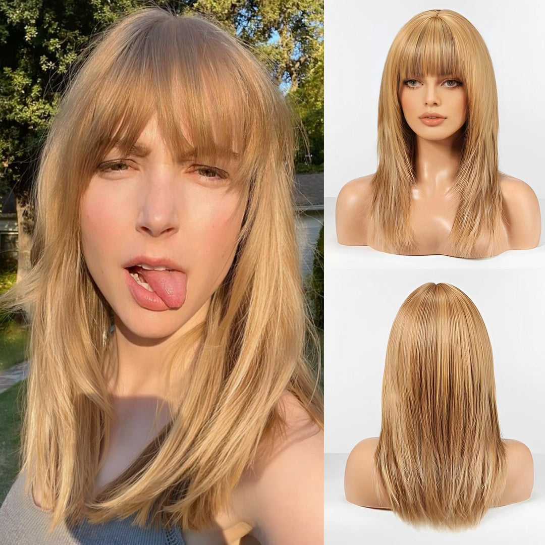 HAIRCUBE Damen Perücke Gerade Perücken für Dame Schulterlang Blond Perücke Synthetische Perücken mit