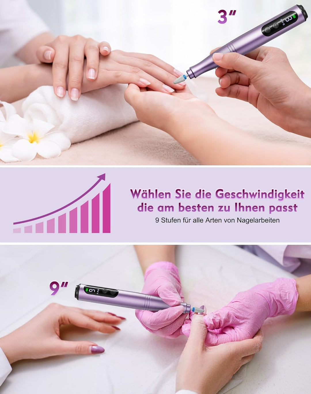 Nagelfräser Kabellos, 12 in 1 Elektrische Nagelfeile 9 Verstellbare Geschwindigkeit Fräser für Gelnä