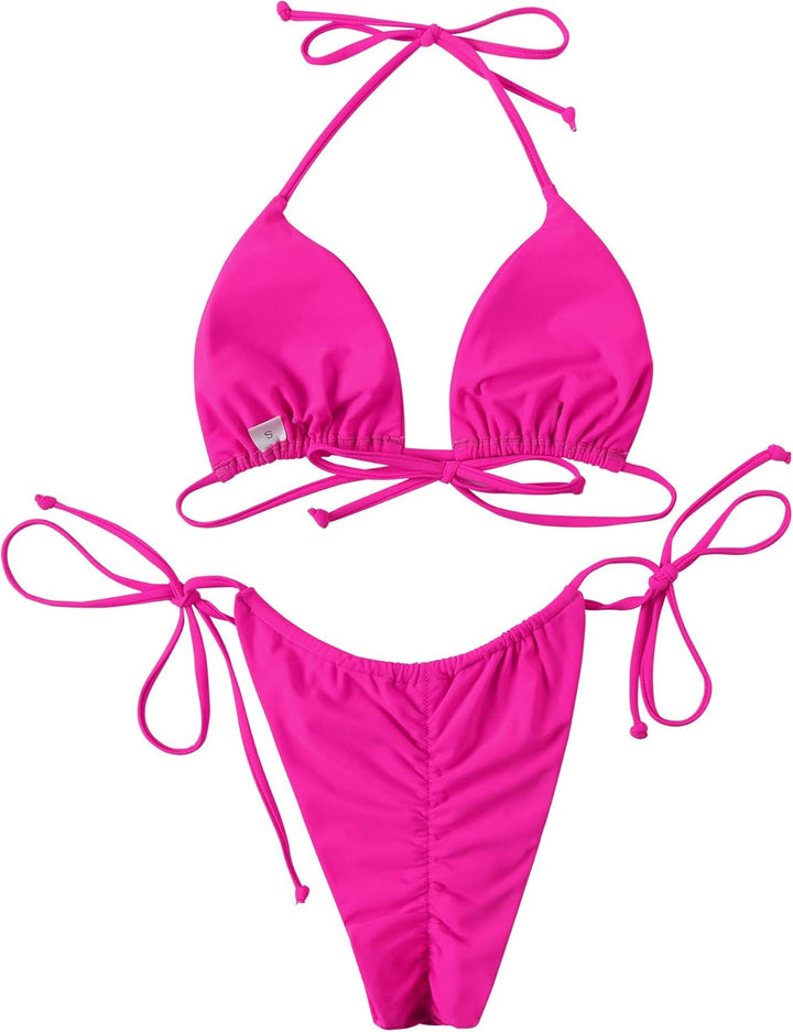 RXRXCOCO Sexy Brazilian Bikini Damen Set Triangel String Oberteil Bikini Tanga Bademode S Rosenrot,