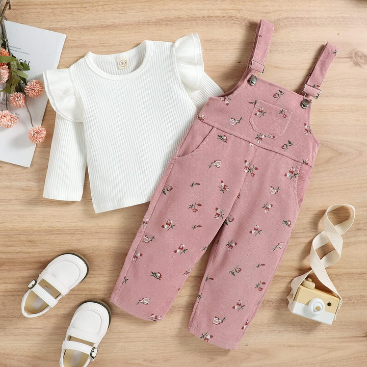 Baby Mädchen Kleidung Rippstrick Langärmelig Oberteile Blumenmuster Hosenträgerhose mit Tasche Outfi