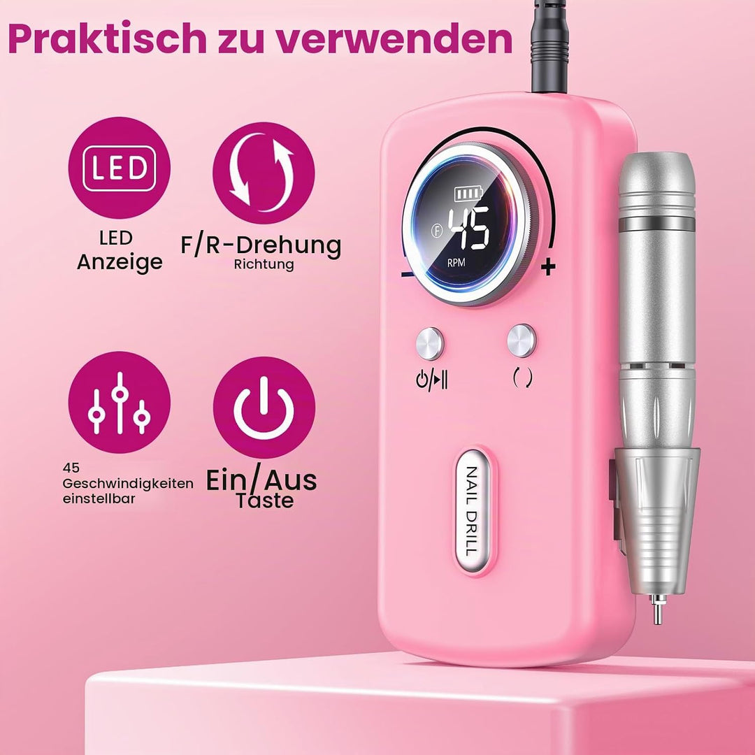45000 u/m Professionelle tragbare Nagelfräser Maschine für Acryl- und Gelnägel, wiederaufladbares el