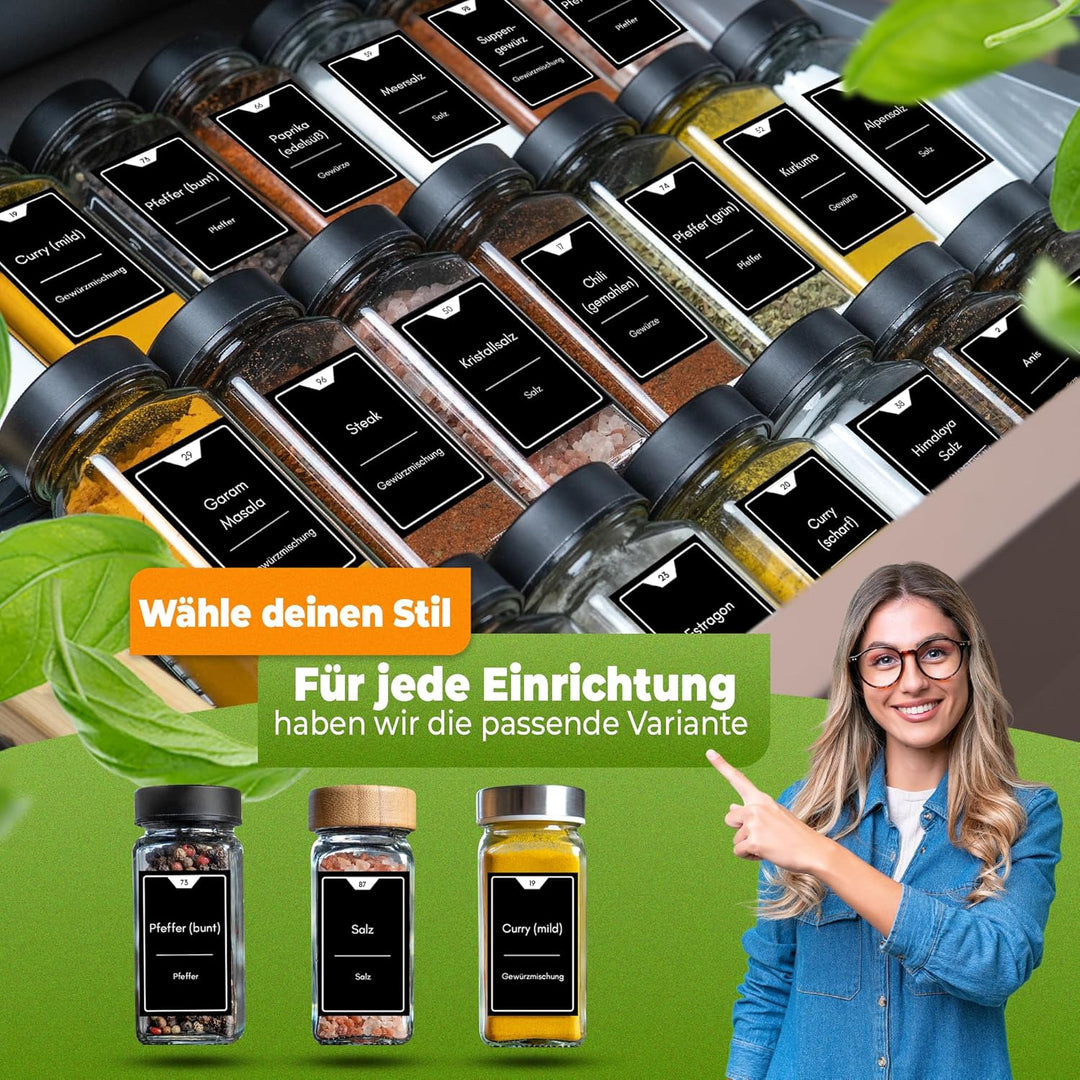 Gewürzgläser eckig [36 x 125ml], Luftdichte Gewürzgläser mit Streueinsatz + 248 wasserfeste Gewürzet