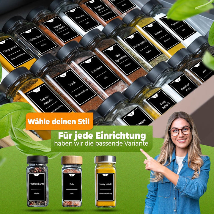 Gewürzgläser eckig [36 x 125ml], Luftdichte Gewürzgläser mit Streueinsatz + 248 wasserfeste Gewürzet