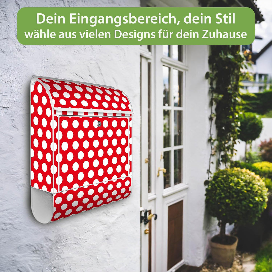 banjado® Design Briefkasten mit Motiv Punkte Rot 39x47x14cm &amp; 2 Schlüssel - Briefkasten Stahl weiss