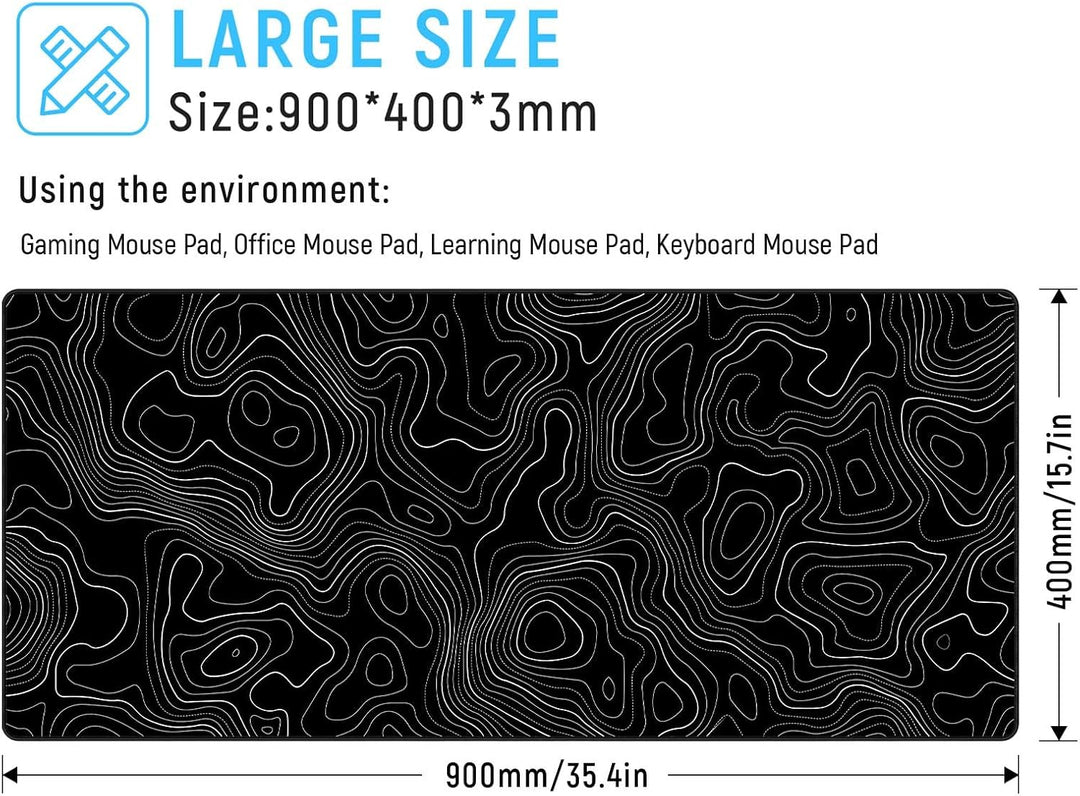 JIALONG Schwarz Topographisches XXL Gaming Mauspad 90x40cm - Premium Schreibtischunterlage mit Landk