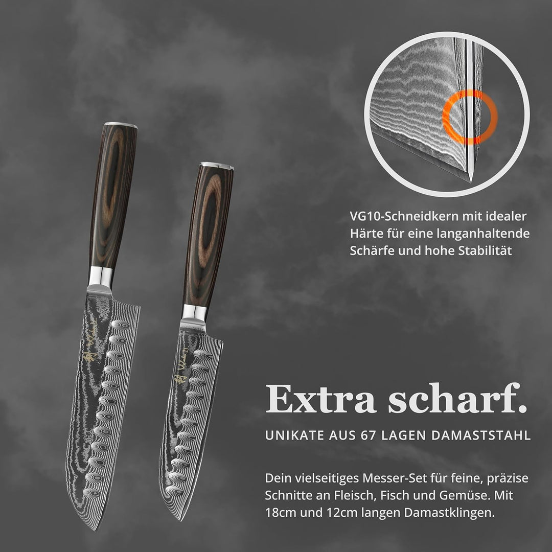 Wakoli EDIB Essentials 2er Damast Küchenmesser Set - 12cm & 18cm Santoku Messer aus 67 Lagen Damasts