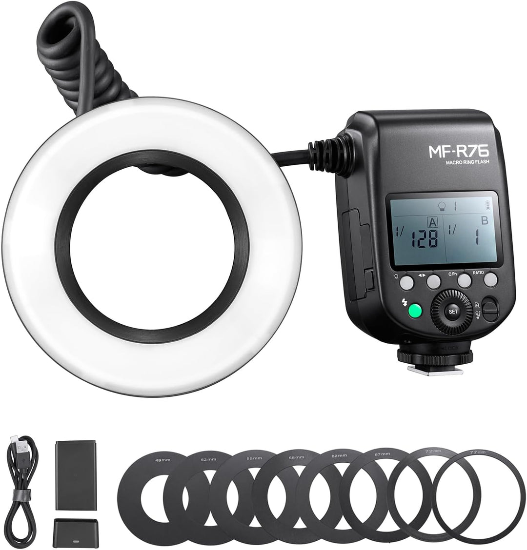 Godox MF-R76 Makro Ring Flash Dual-Flash Tubes 8 Adapterringe kompatibel für Canon Nikon Sony Olympu