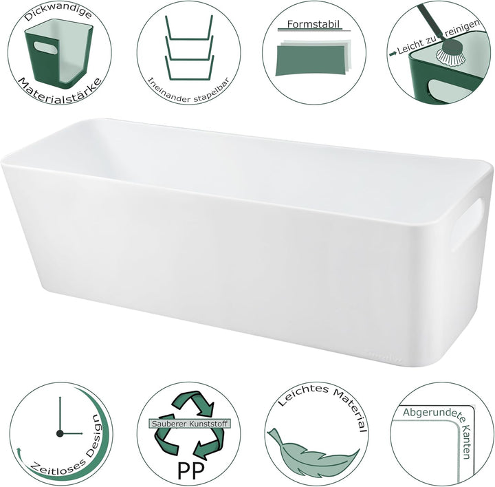 3x Ordnungsbox - 10 cm hoch - WEISS - 30x10x10cm - 2 Liter - mit Beschriftungsclip Ordnungskorb Schu