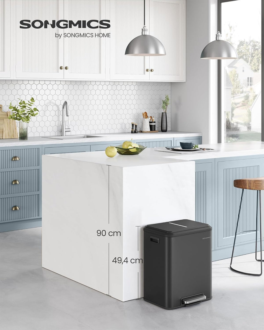 SONGMICS Mülleimer Küche, Mülltrennsystem 2 x 15 L, 2 Fächer für Recycling und Restmüll, Abfalleimer