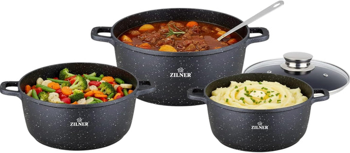 Zilner Topfset - Kochtopf Set 6-teilig - Marmorbeschichtung - mit Glasdeckeln - für alle Herdarten -