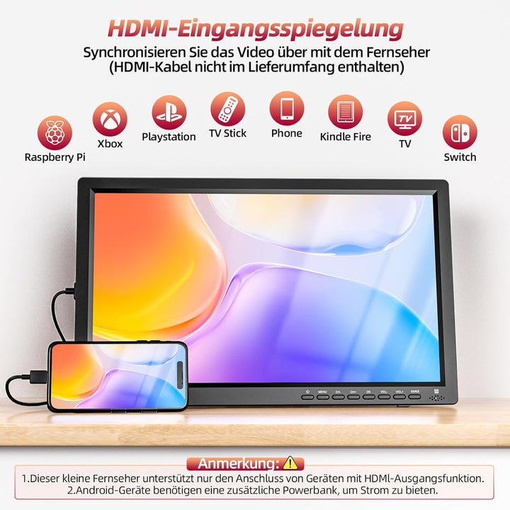 DESOBRY Tragbare Fernseher 15,6 Zoll 1080P Auflösung, Kleiner Fernseher-Unterstützung USB HDMI AV-Ei