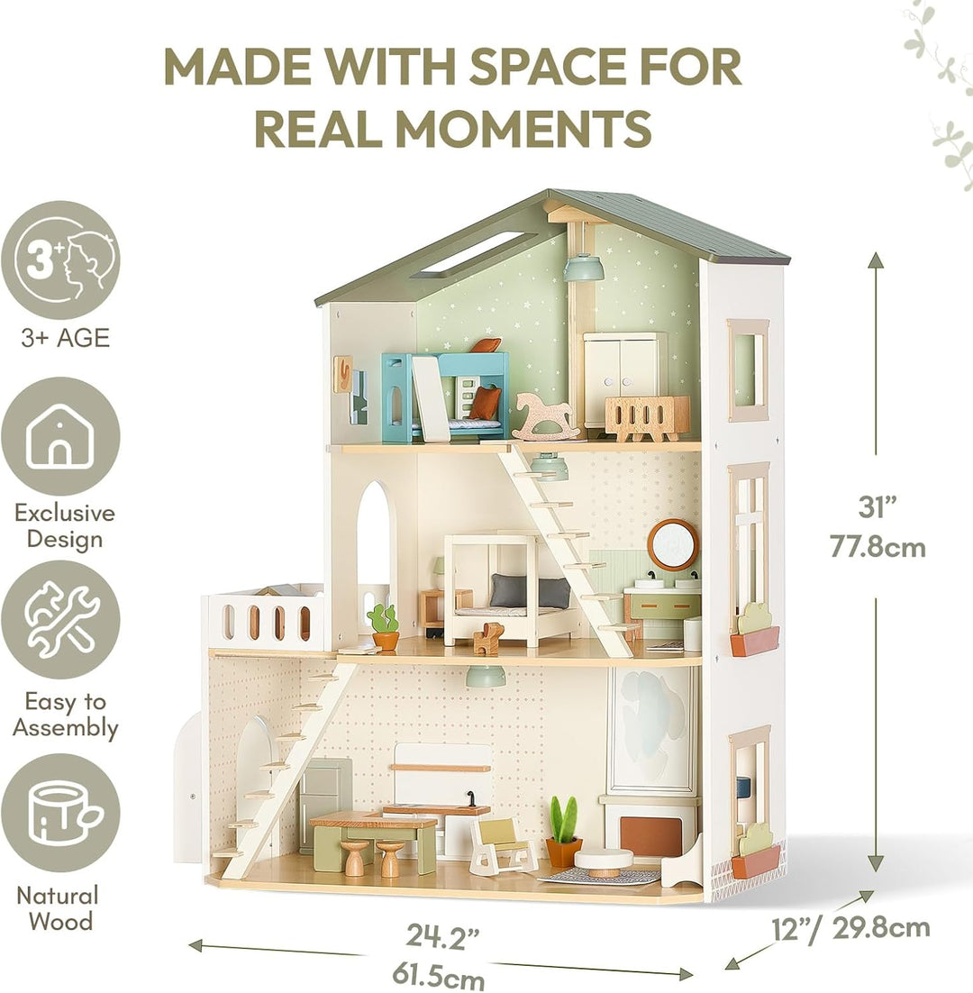 Puppenhaus Holz mit Beleuchtung, 3-stöckiges Puppenhaus mit 37 Möbeln, Nordisches Design, Beleuchtun