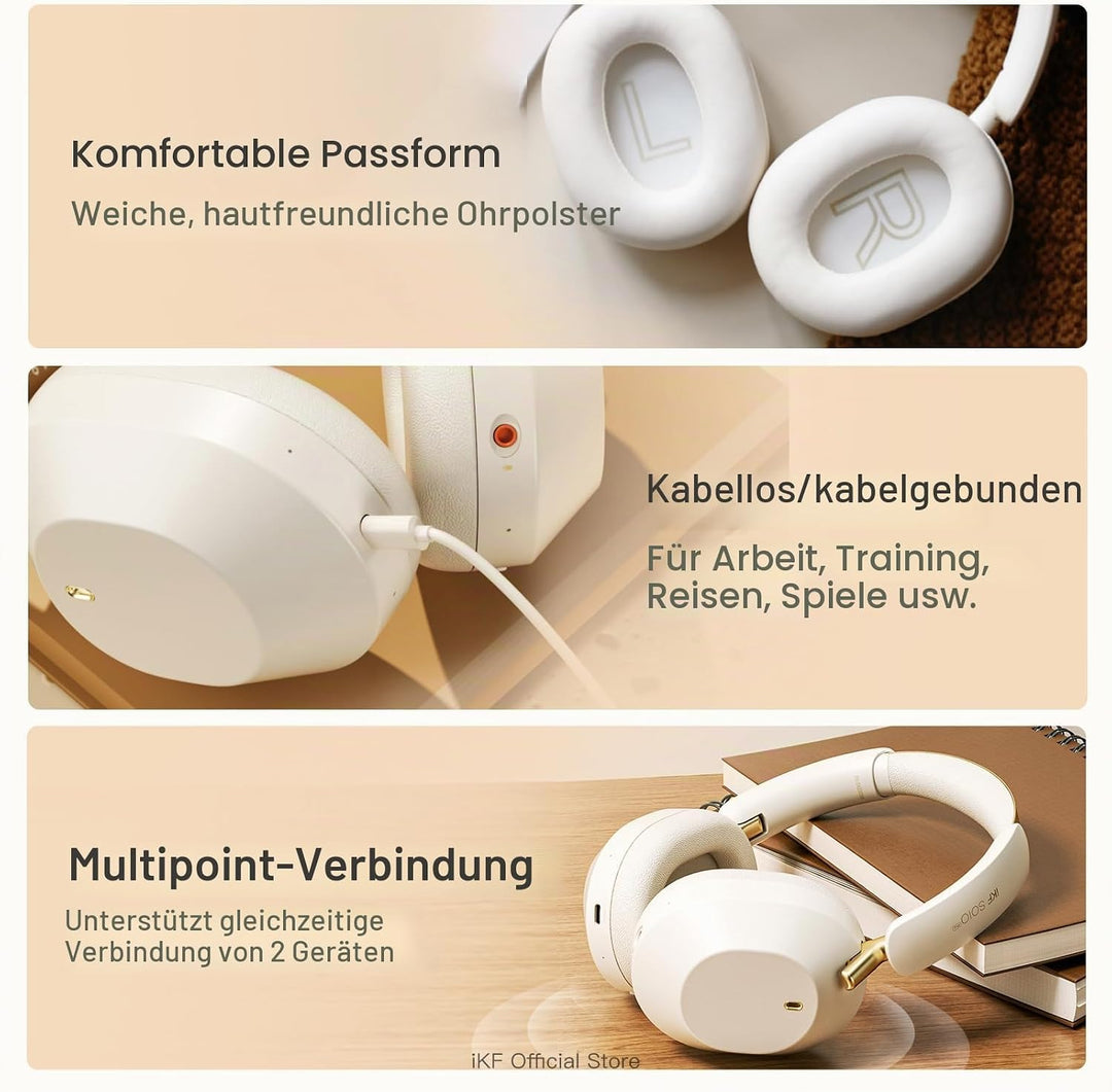 iKF Solo Pro Adaptive Noise Cancelling Kopfhörer, Wireless Over Ear Bluetooth mit Kopfverfolgung, Hi