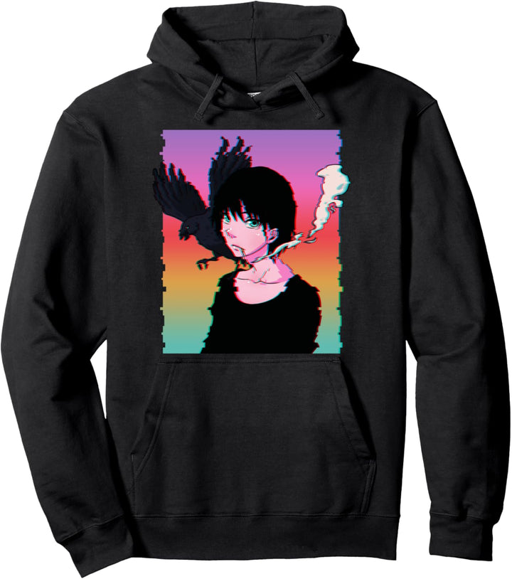 Rabe Antisocial Smoking Anime Boy Vaporwave Schwarze Krähe Pullover Hoodie