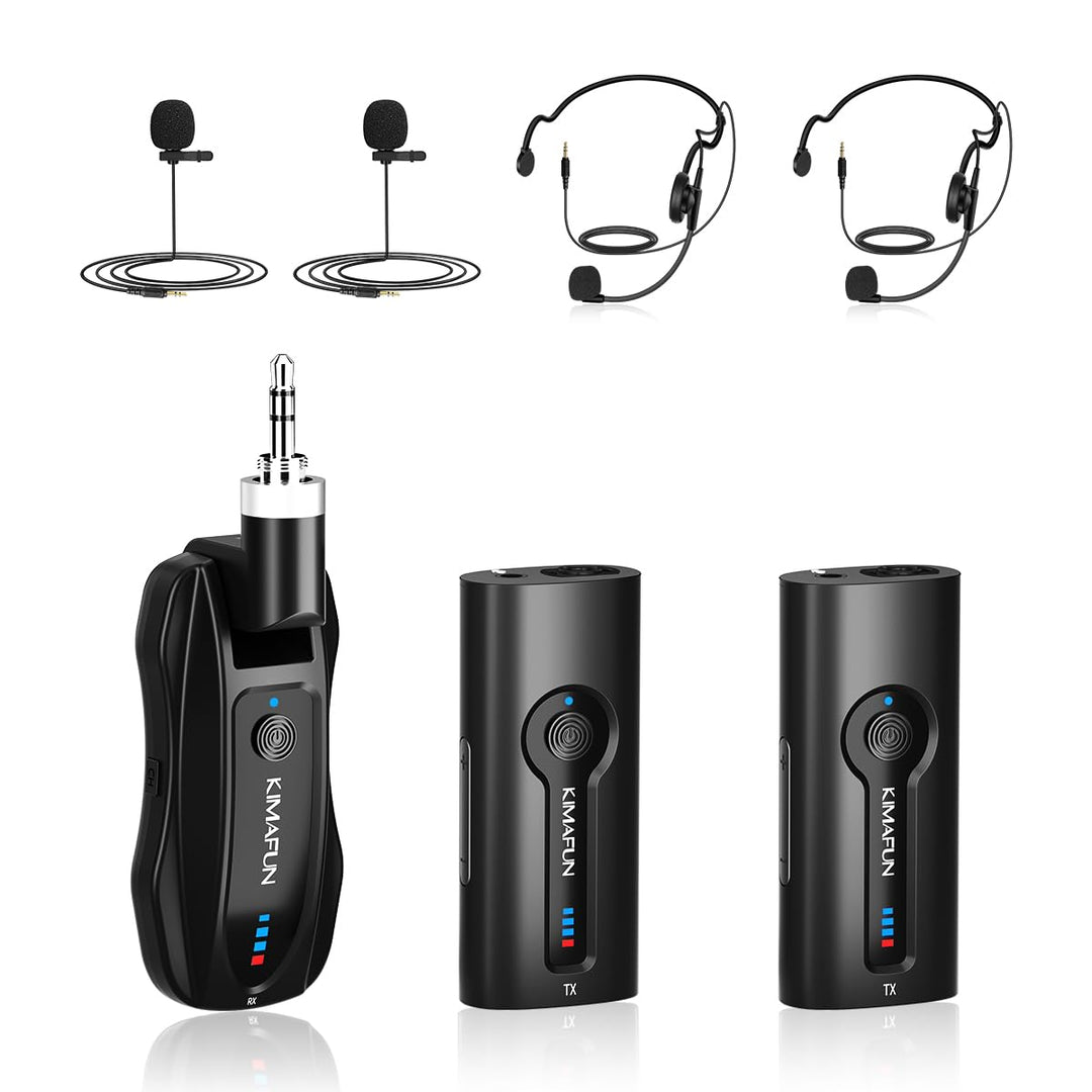 KIMAFUN 2.4G Drahtloses Headset und Lavalier Mikrofon für 2 Personen, Kabelloses Ansteckmikrofon Wir
