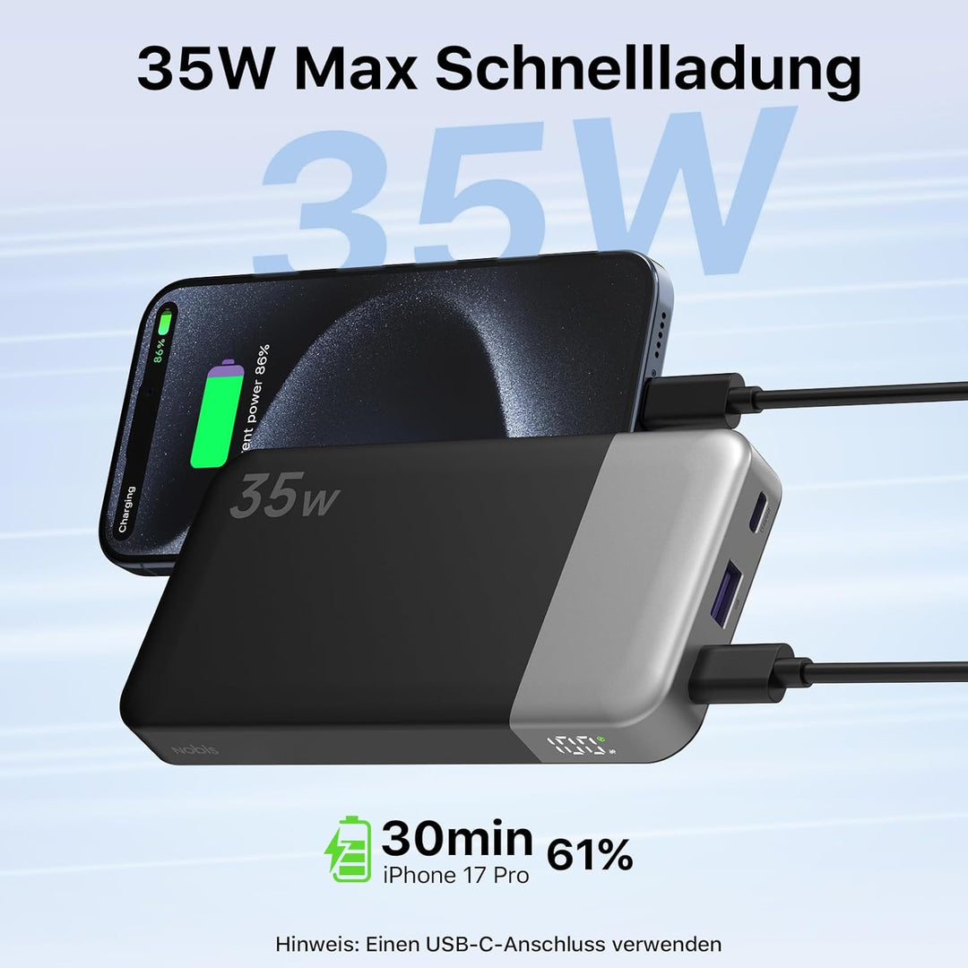 NOBIS Power Bank 35W 10000 mAh Powerbank – Schnellladung mit 2 USB-C EIN- & Ausgängen, 1 USB-A Ansch
