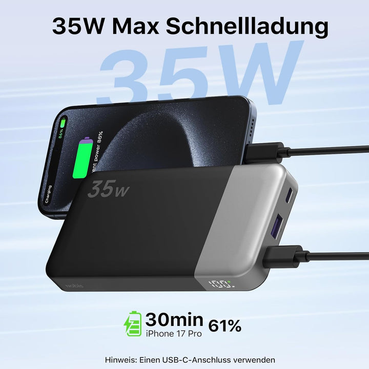 NOBIS Power Bank 35W 10000 mAh Powerbank – Schnellladung mit 2 USB-C EIN- & Ausgängen, 1 USB-A Ansch