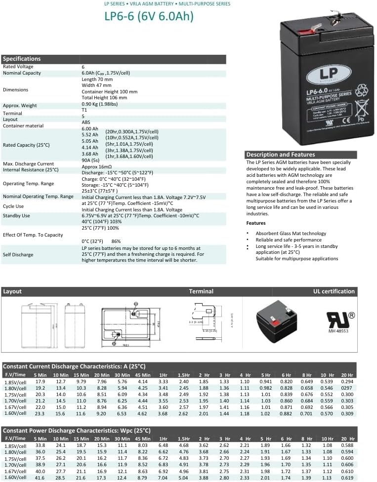 LP BATTERIES NSA LP6-6 T1 6V 6AH AGM Akku Vlies Batterie VRLA Zyklenfest Wartungsfrei für Elektro Sp