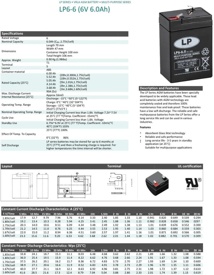 LP BATTERIES NSA LP6-6 T1 6V 6AH AGM Akku Vlies Batterie VRLA Zyklenfest Wartungsfrei für Elektro Sp