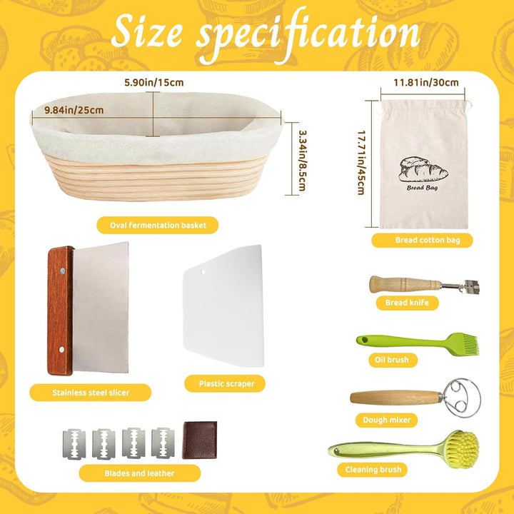 dellyy Brotbackset mit Gärkorb, 10 Teileset Brot Backen Starterset, Naturrattan-Geflecht, Inklusive