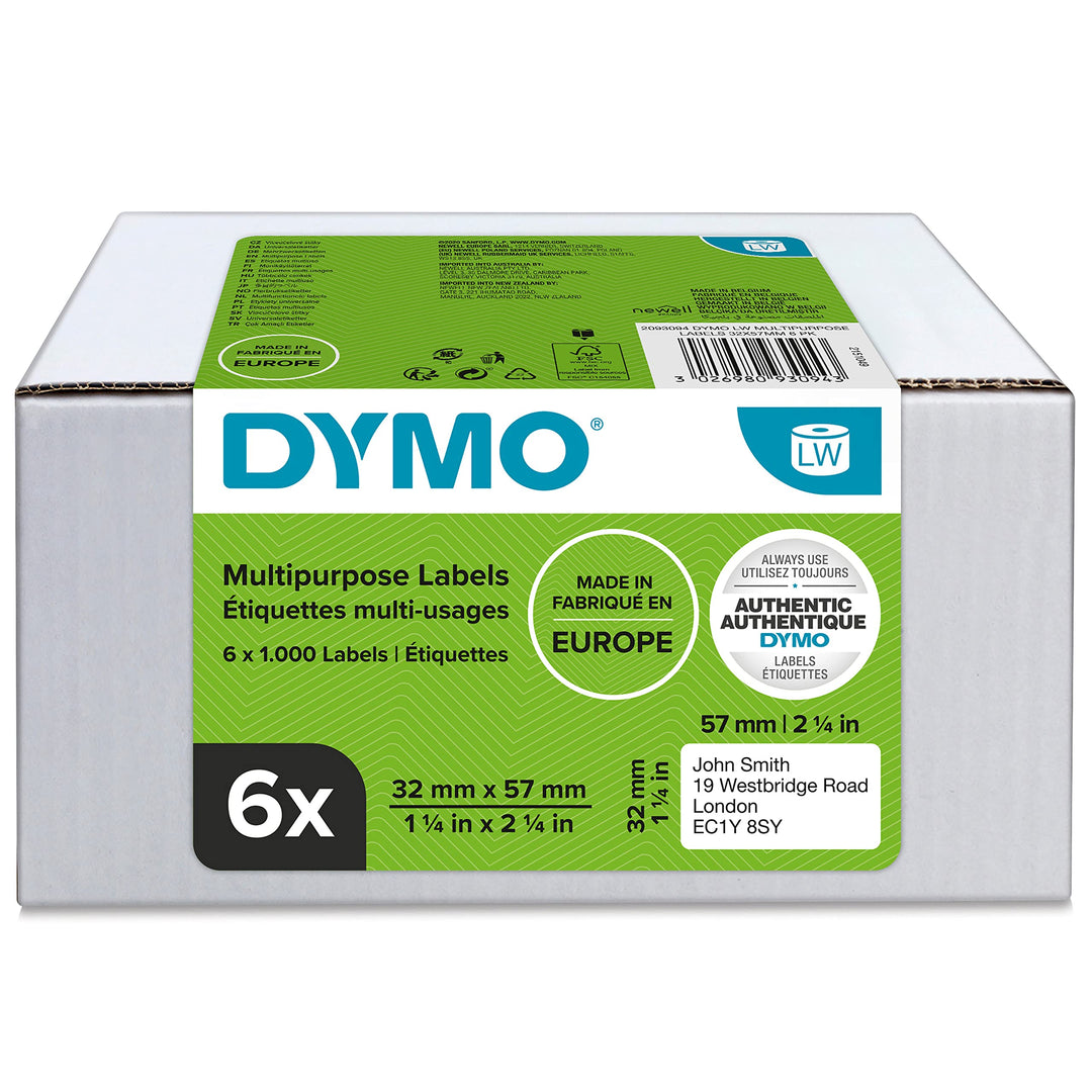 DYMO Original LabelWriter Mehrzwecketiketten | 32 mm x 57 mm | 6 Rollen mit je 1.000 leicht ablösbar