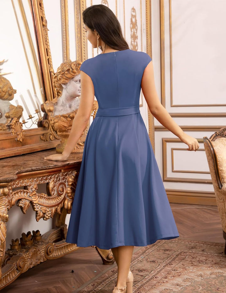 DRESSTELLS Damen Vintage Retro 1950er Cocktaikleid A-Line Swing Festlich Midilang Kleid Greyblue M,