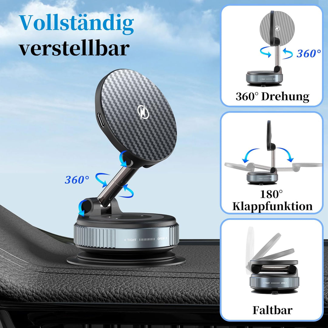 PlusAcc Vakuum Handyhalterung Auto mit Ladefunktion - Saugnapf 360° Drehbar Klappbar Magnetisch Hand
