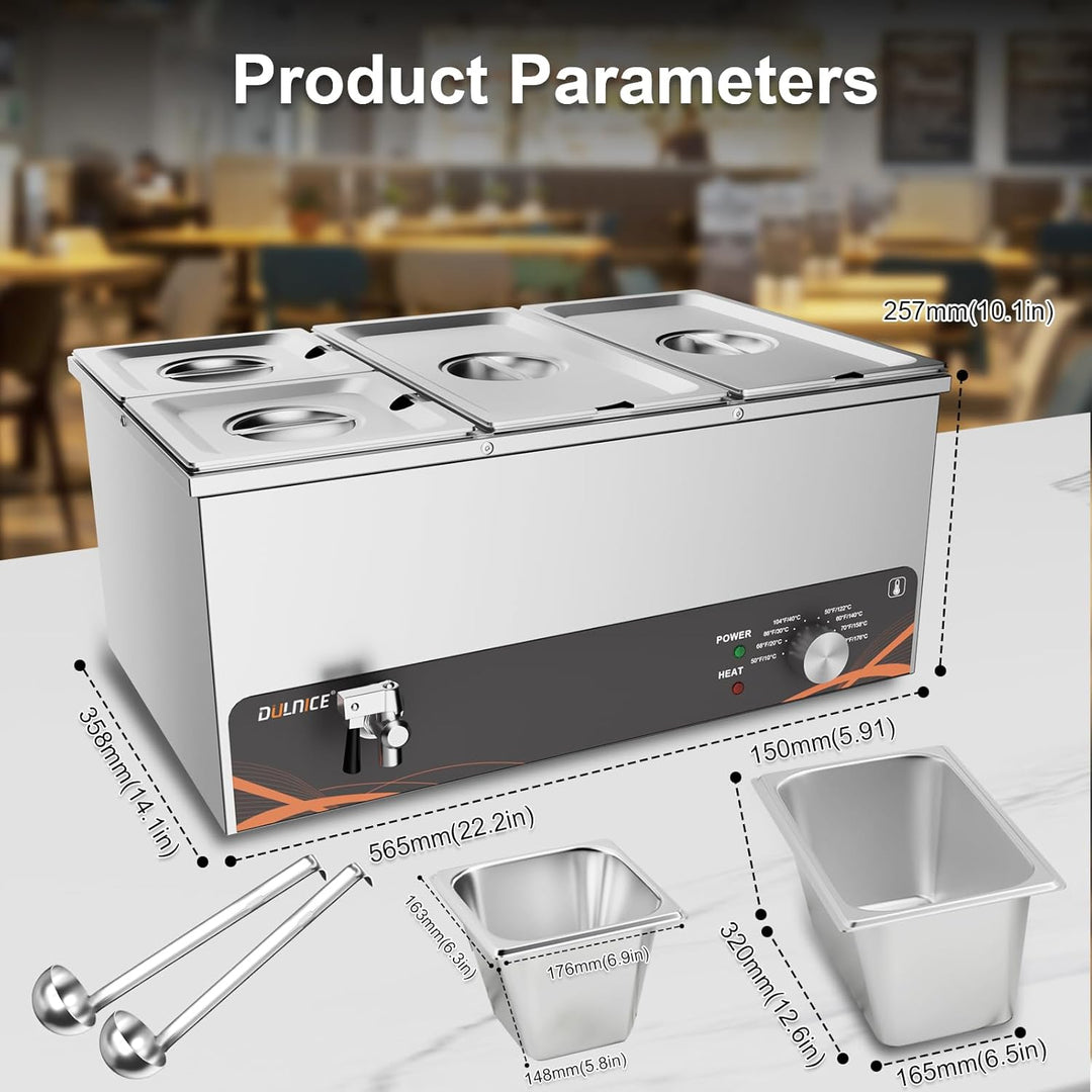 DULNICE Bain Marie Speisewärmer Elektrische Edelstahl 1500W 4 GN-Behältern Wasserbad mit Ablaufhahn,