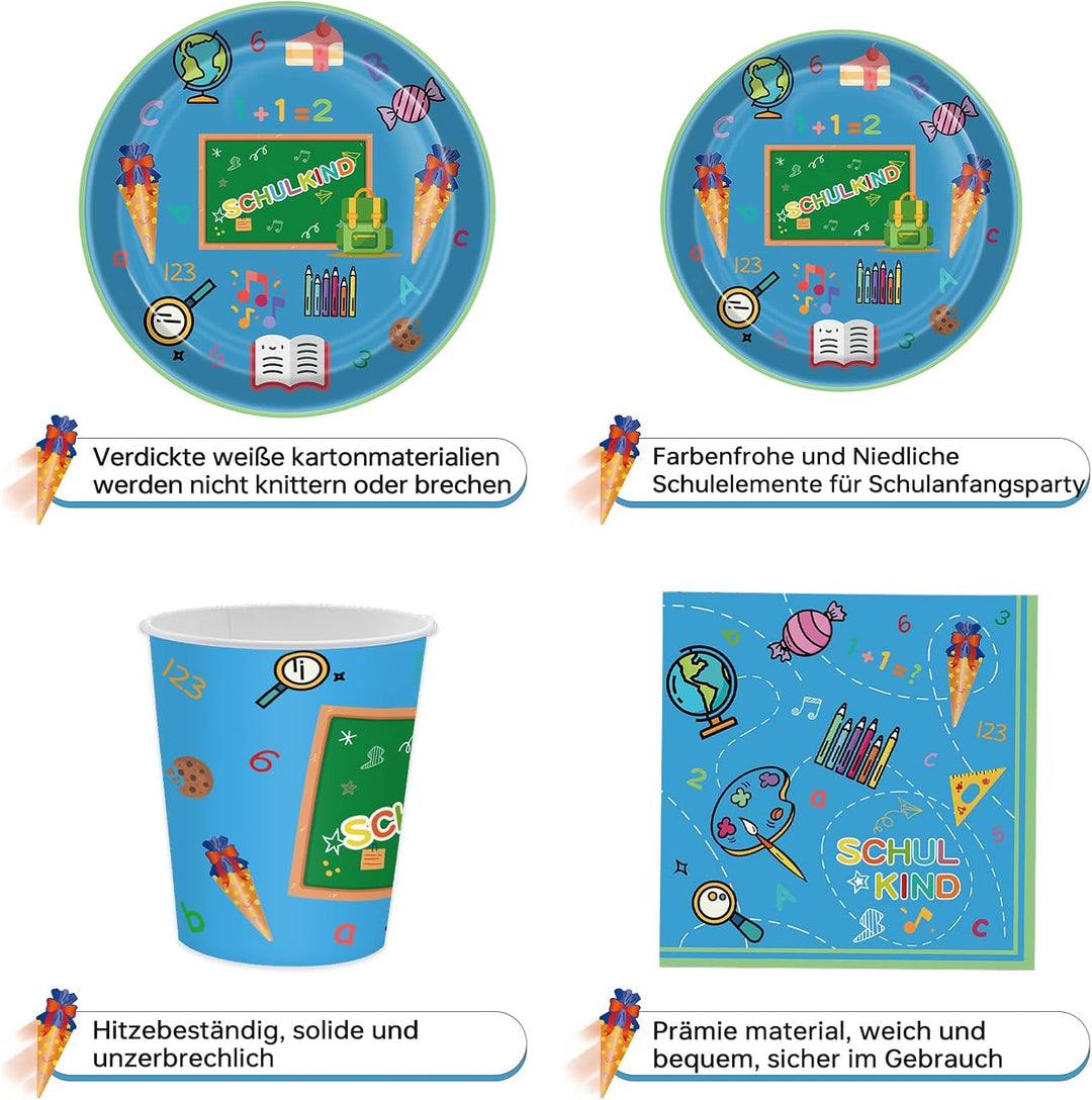 Einschulung Partygeschirr Set, 80pcs Schulanfang Pappgeschirr mit Pappteller Pappbecher Servietten f