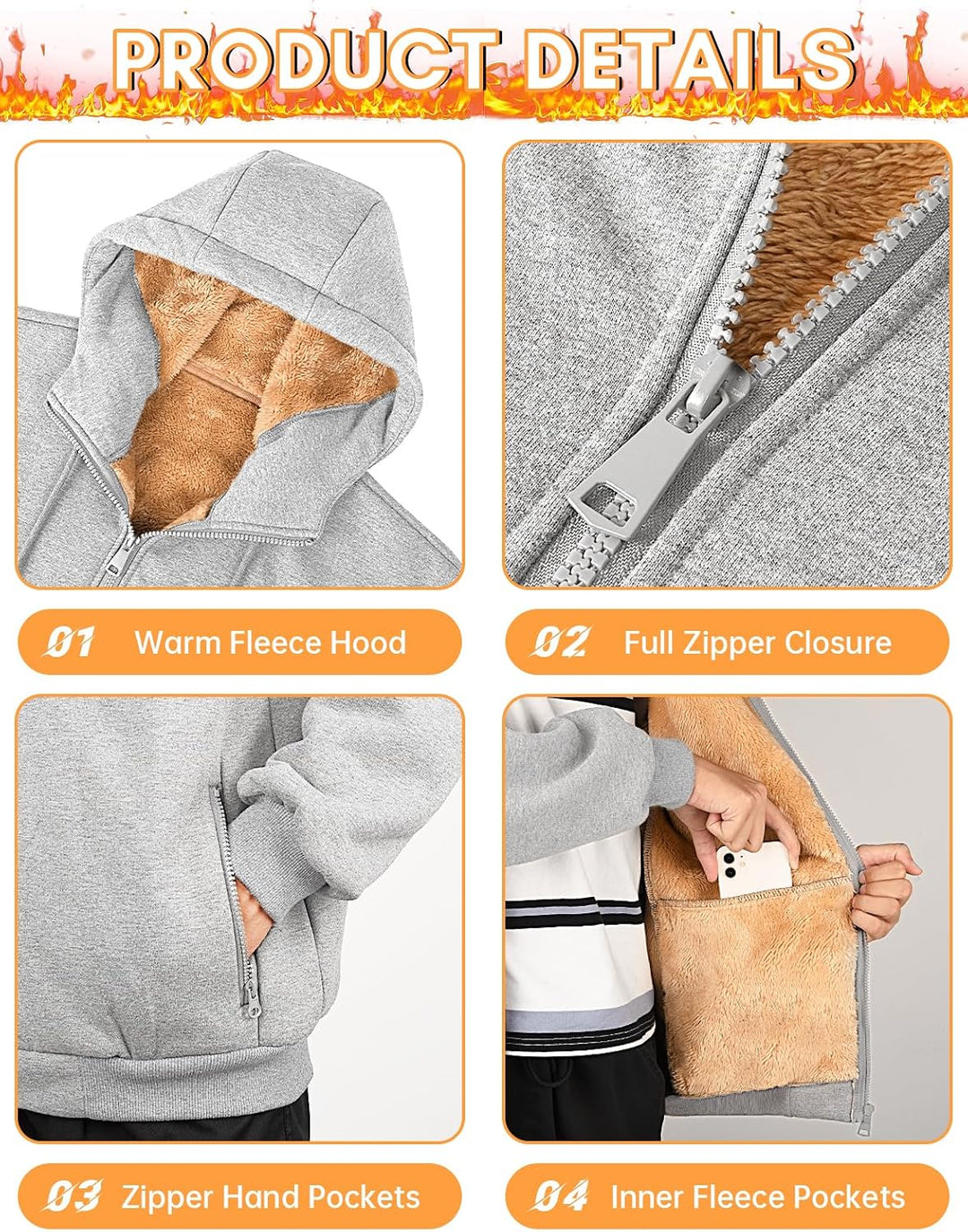 Xnova Sweatjacke Herren Fleecejacke Kapuzenpullover Zipper Hoodie Casual Bequemes und Warmes Übergan
