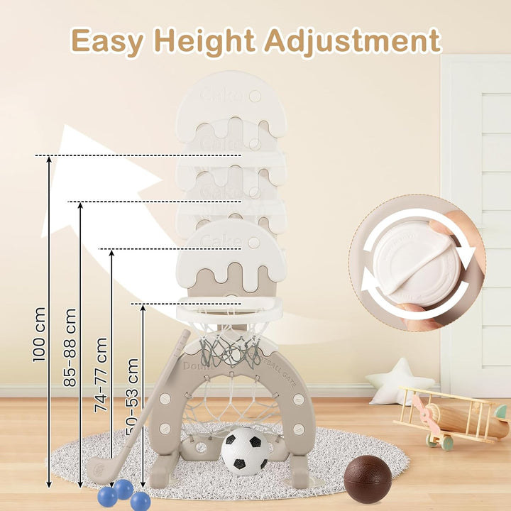 HOMASIS 4 in 1 Kinder Basketballkorb Set, multifunktional Basketballständer mit Fussballtor & Golf &
