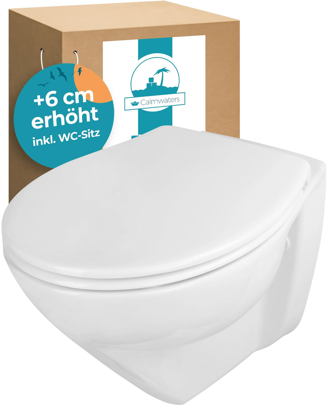 Calmwaters® Erhöhtes Wand-WC spülrandlos Modern Plus mit Toilettendeckel, 6 cm Erhöhung, inklusive a