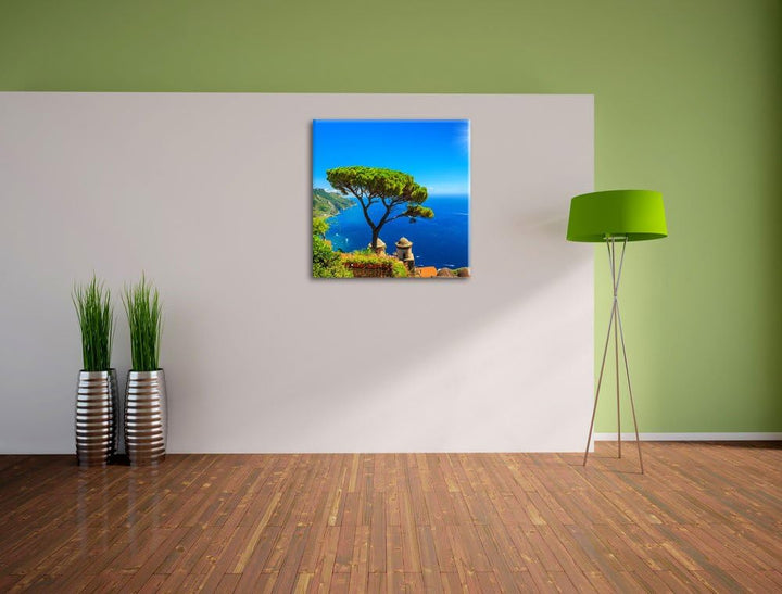baum am blauen meer, Format: 70x70 auf Leinwand, XXL riesige Bilder fertig gerahmt mit Keilrahmen, K