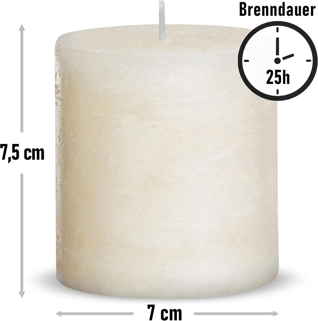 Brandsseller 4er Set Stumpenkerzen 7x7,5 cm – durchgefärbt & aus Paraffin – rustikale Kerzen mit lan
