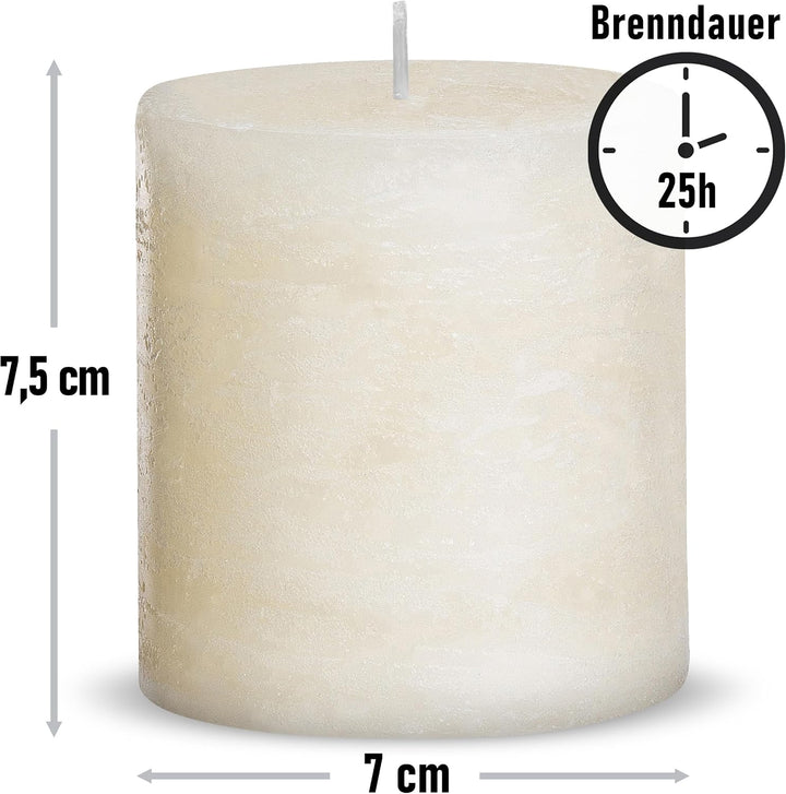 Brandsseller 4er Set Stumpenkerzen 7x7,5 cm – durchgefärbt & aus Paraffin – rustikale Kerzen mit lan