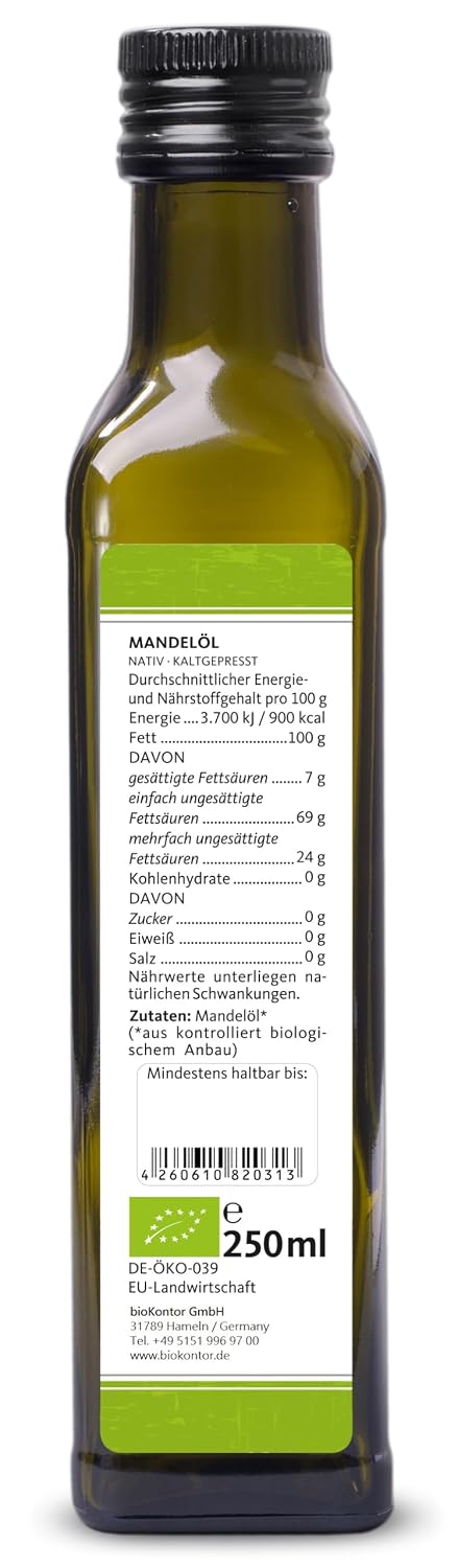 bioKontor – Bio Mandelöl 250ml – Mandelöl nativ kaltgepresst – 100% naturreines Mandel Öl in Rohkost