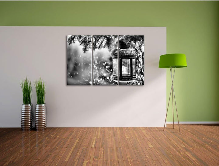 Pixxprint Laterne im Winter als Leinwandbild | Grösse: 3 Teilig (120x80) | Wandbild| Kunstdruck | fe