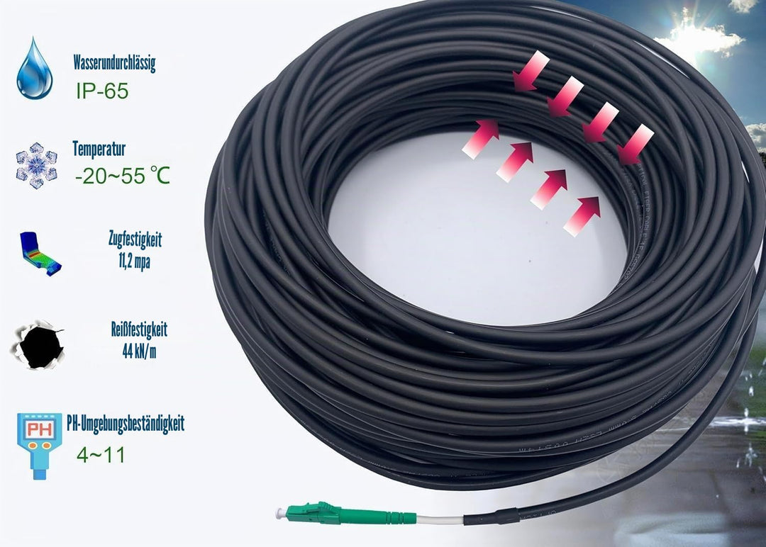 Elfcam® - 30m Glasfaser kabel für den Aussenbereich, LC/APC auf LC/APC OS2 Simplex, Monomode, Kabeld