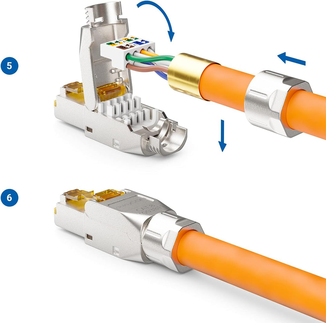 deleyCON 2x CAT 8 Netzwerkstecker RJ45 Werkzeuglos Geschirmt 40 Gbit/s Netzwerk Stecker für Starre V