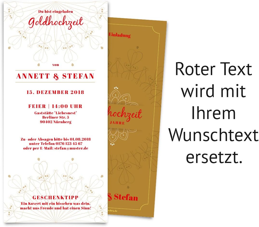 10 x Hochzeitseinladungen Goldhochzeit goldene Hochzeit Einladung individuell - Blumen Ornamente 10