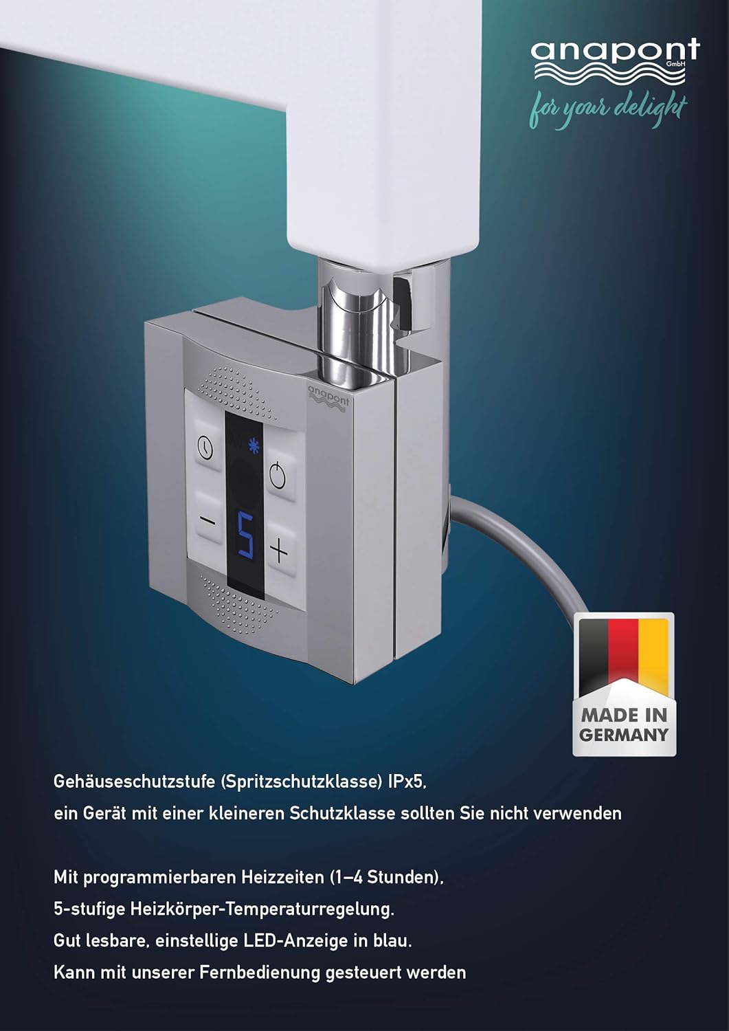 anapont elektrischer Badheizkörper - gerade - Chrom - Timer-Funktion - Handtuchheizkörper - Badheizu