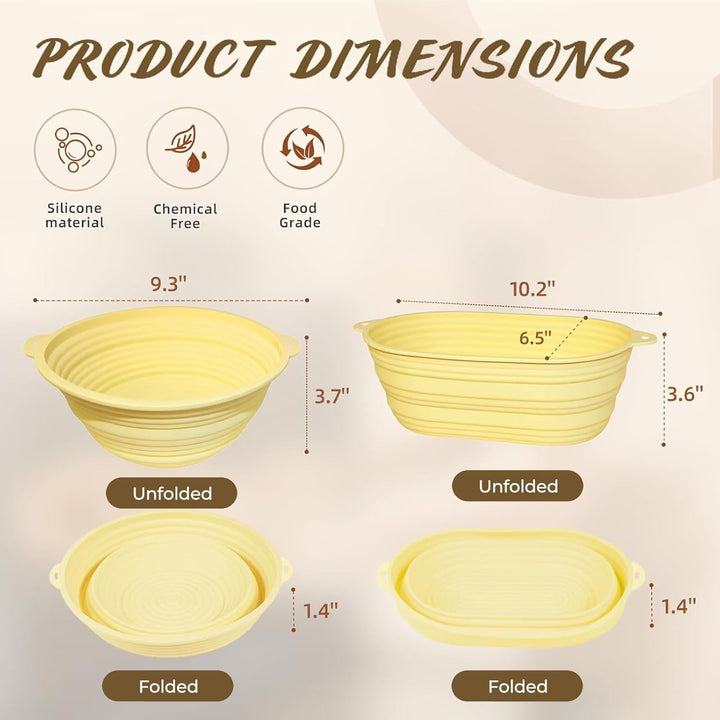 Gärkörbchen Sauerteig Starter Set Silikon 23cm Rund & 25cm Oval Gärkorb mit 650ML Sauerteig Glas Fal
