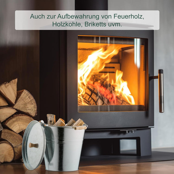 Relaxdays Ascheeimer mit Deckel, 12,5 Liter, Henkel mit Holzgriff, für Kohle & Asche, Kamin, Stahl A